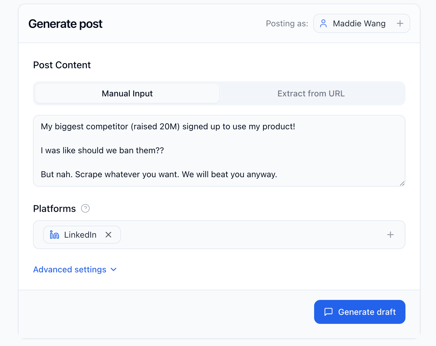 LinkedIn Post Generation Input OGTool Screenshot