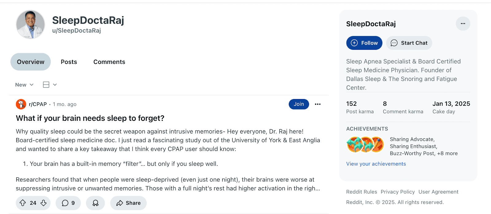 Sleep Doctor Raj Reddit Profile