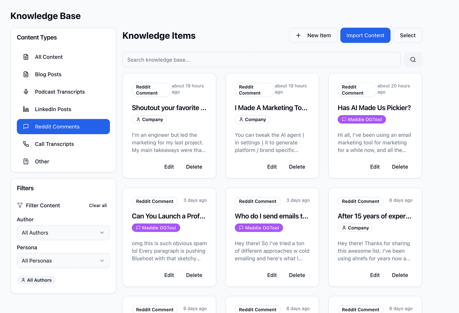 OGTool dashboard screenshot showing a categorized knowledge base with topics like pricing objections and testimonials