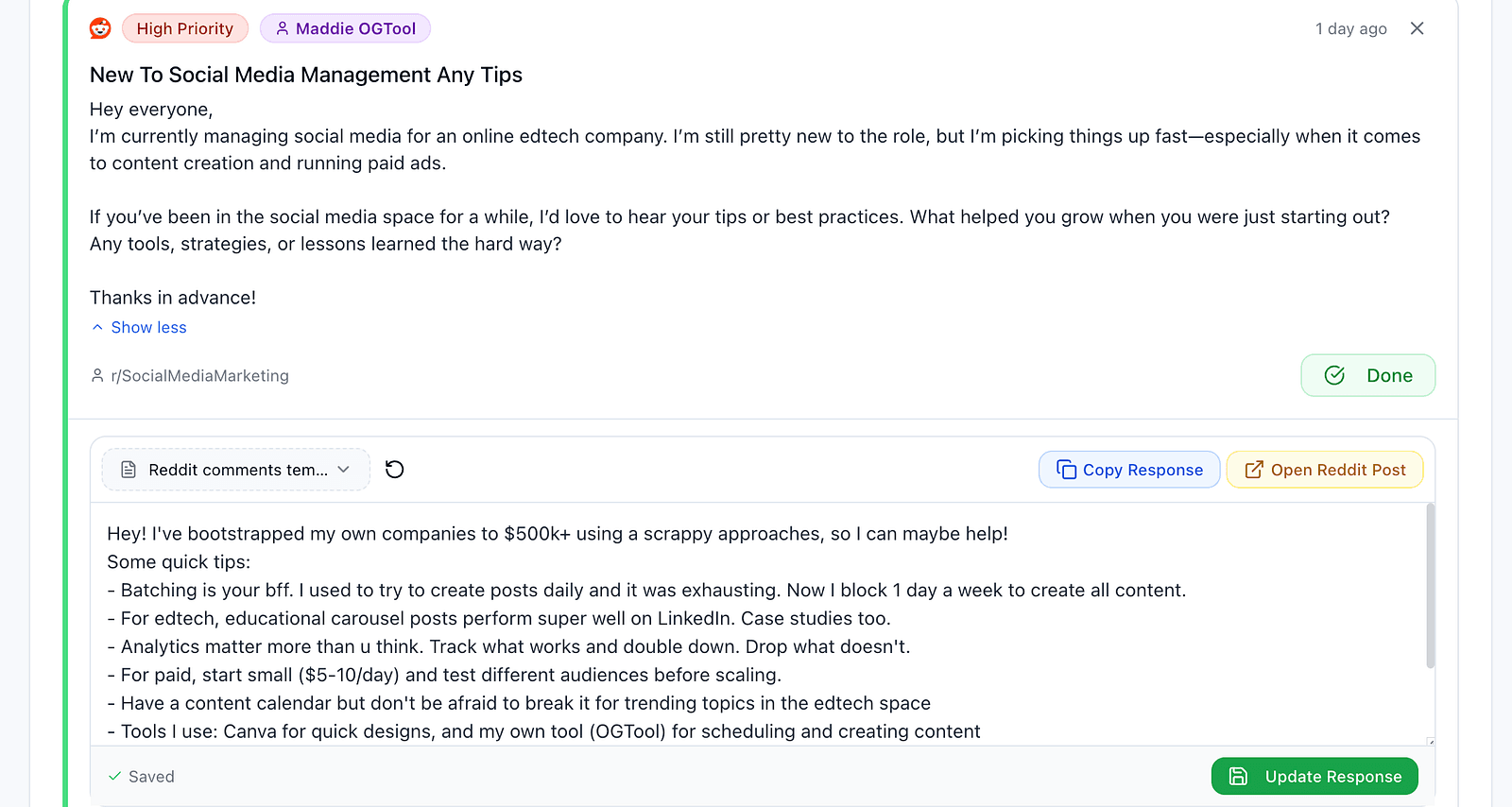 OGTool dashboard template builder interface showing a framework for replying with genuine help and product mentions