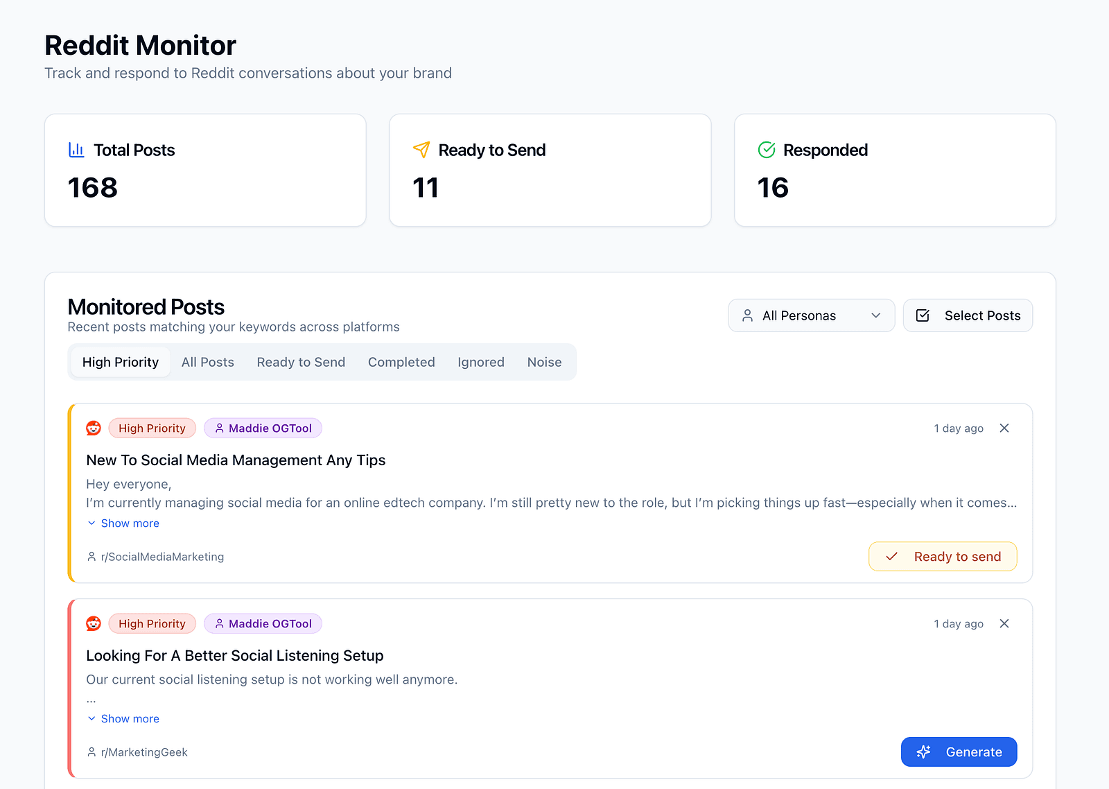 OGTool dashboard screenshot of keyword monitoring setup, including terms like “Reddit marketing” and “competitor name”