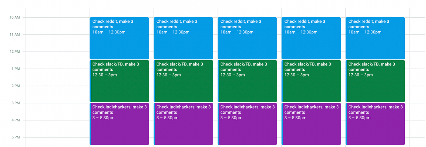 Screenshot of Maddie’s calendar showing time blocked for Reddit commenting