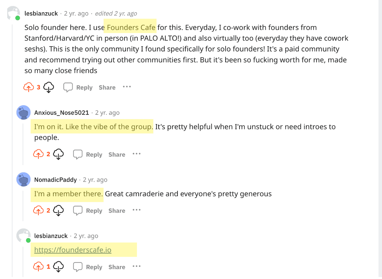Screenshot of Maddie commenting on a Reddit thread about building startups